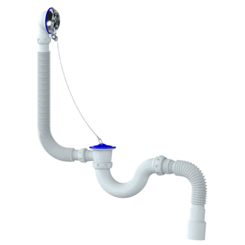 Сифон для ванны и глуб. поддона прямот. с перел. с винт. 6*40 с н/ж чашкой с гибким (UNICORN) (Е155)